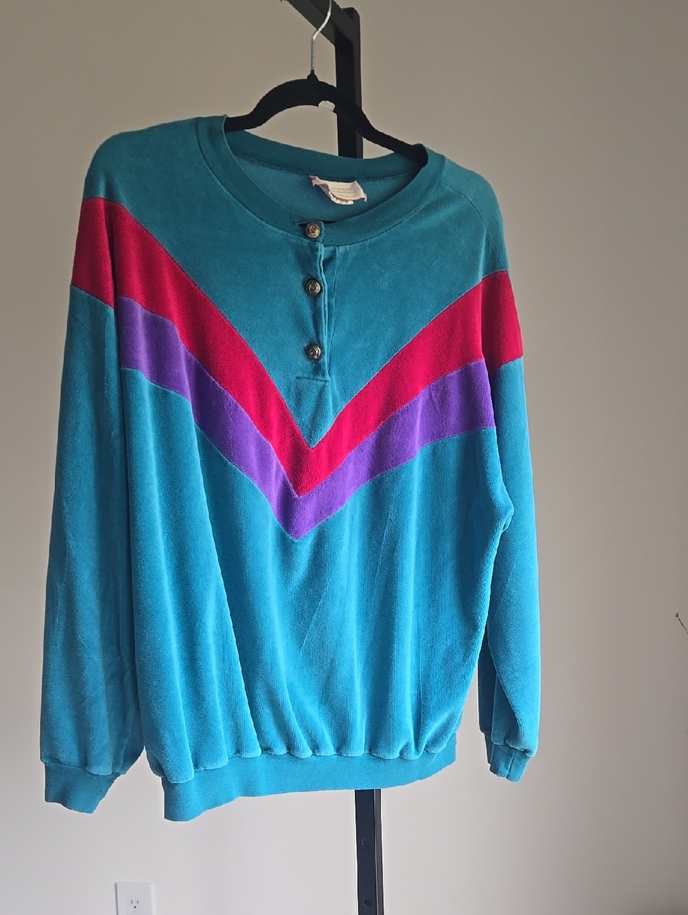 Vintage Velour Chevron Teal Colorblock Henley Pullover Size:XL
